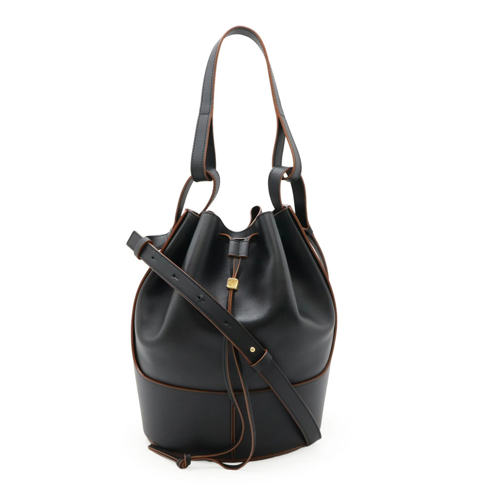 Loewe Balloon Bag Shoulder Handbag Drawstring Leather Black Tan Brown